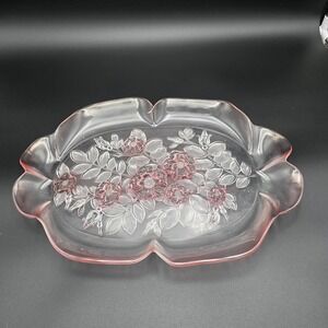 Vintage Pink Depression Glass Floral Serving Tray Oval (16")